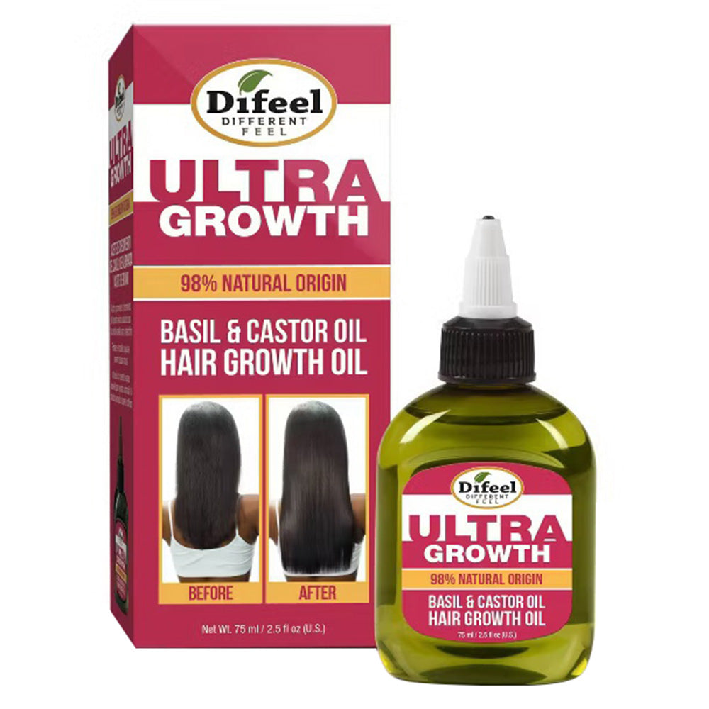 Difeel Ultra Hair Growth Oil Infused with 98% Natural Origin Basil and Castor Oil 2.5Oz (75ml)